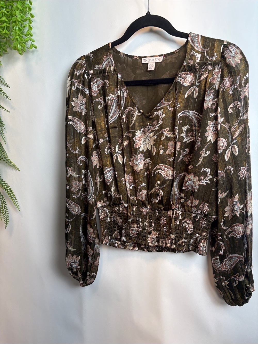 Garnet Hill Olive Paisley Smocked-Waist Blouse